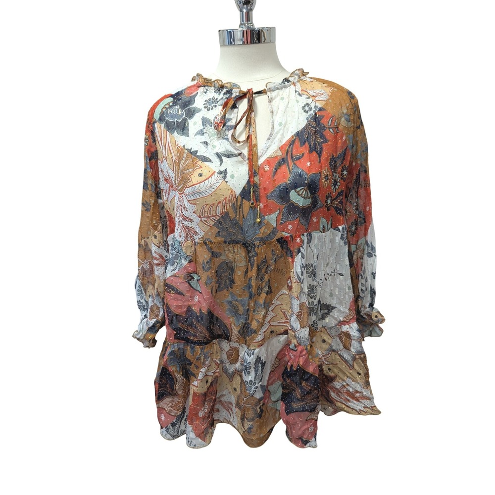 Johnny Was Style Patchwork Floral Print Silk Rayon Cotton Metallic Tunic XS